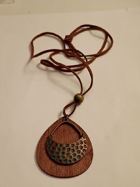 Boho Brown Leather Necklace with Teal-Patina Wood Pendant
